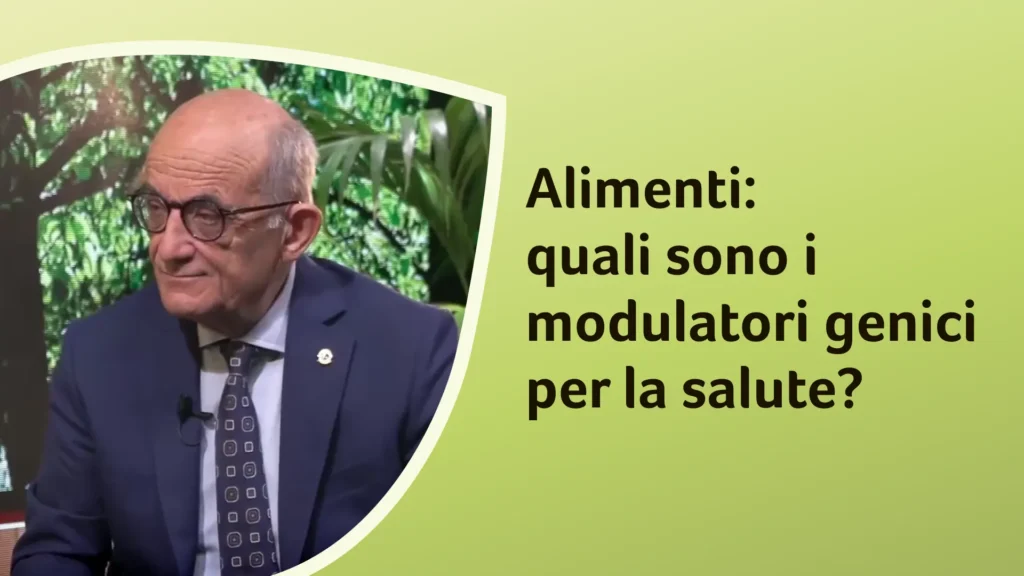 Il dottor Rossi guarda lateralmente, riflettendo sull'impatto genetico degli alimenti. Sullo sfondo è riportato il titolo dell'episodio: “Alimenti: quali sono i modulatori genici per la salute?”.