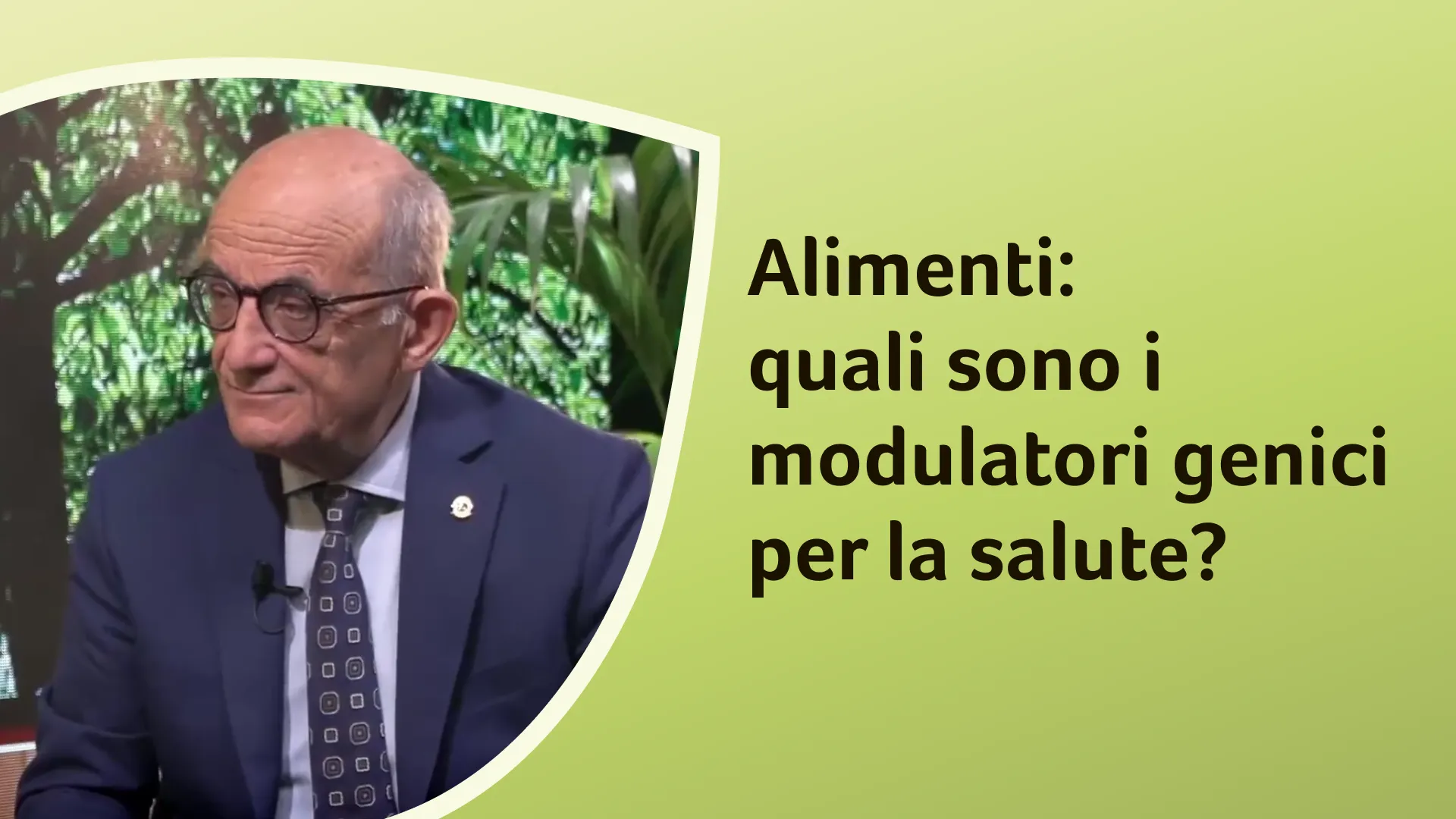 Il dottor Rossi guarda lateralmente, riflettendo sull'impatto genetico degli alimenti. Sullo sfondo è riportato il titolo dell'episodio: “Alimenti: quali sono i modulatori genici per la salute?”.