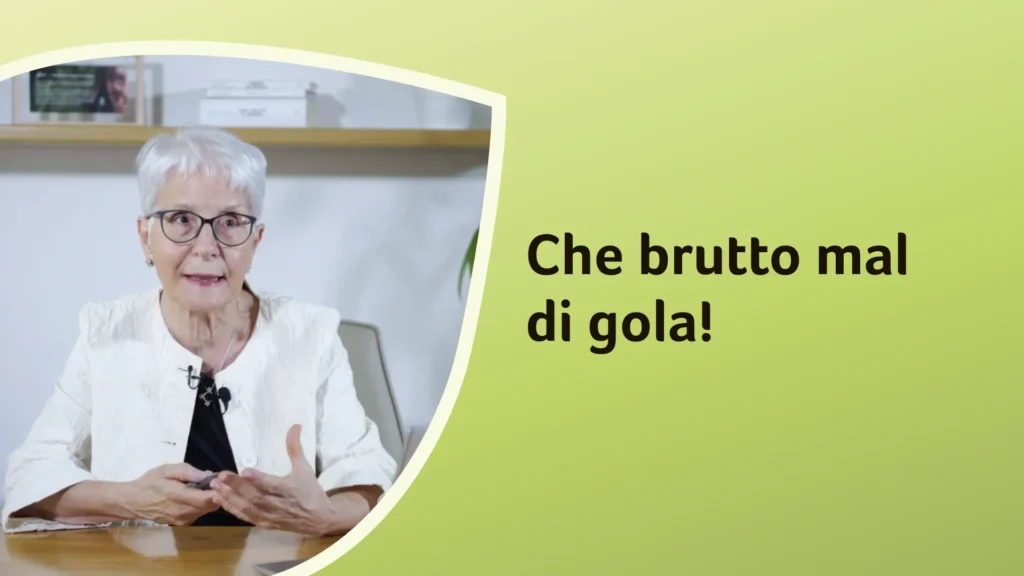 La dottoressa Murgia è seduta a un tavolo e parla rivolgendosi alla videocamera. Sullo sfondo è riportato il titolo dell'episodio: "Che brutto mal di gola!