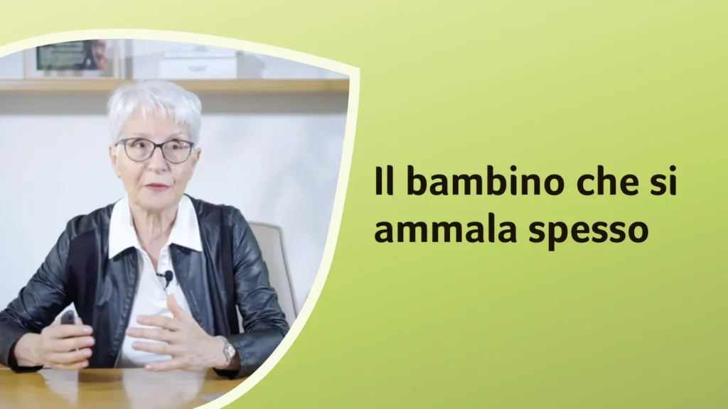La dottoressa Murgia indossa una giacca scura mentre parla direttamente alla telecamera. Sullo sfondo è riportato il titolo dell'episodio: "Il bambino che si ammala spesso"
