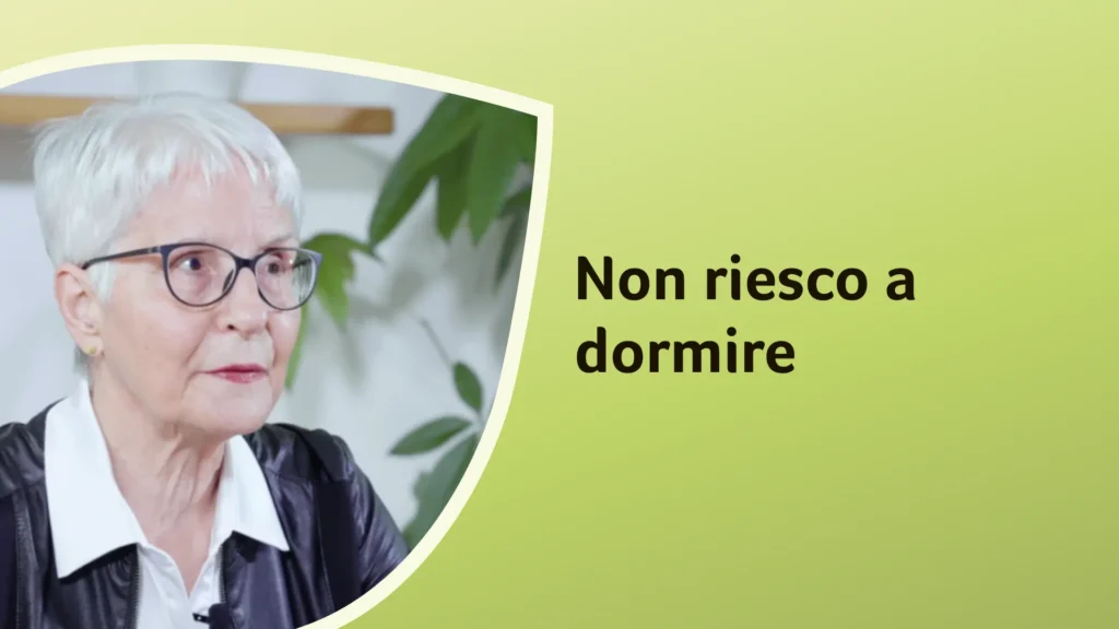 Primo piano della dottoressa Murgia che riflette su un tema legato al sonno. Sullo sfondo è riportato il titolo dell'episodio: "Non riesco a dormire"