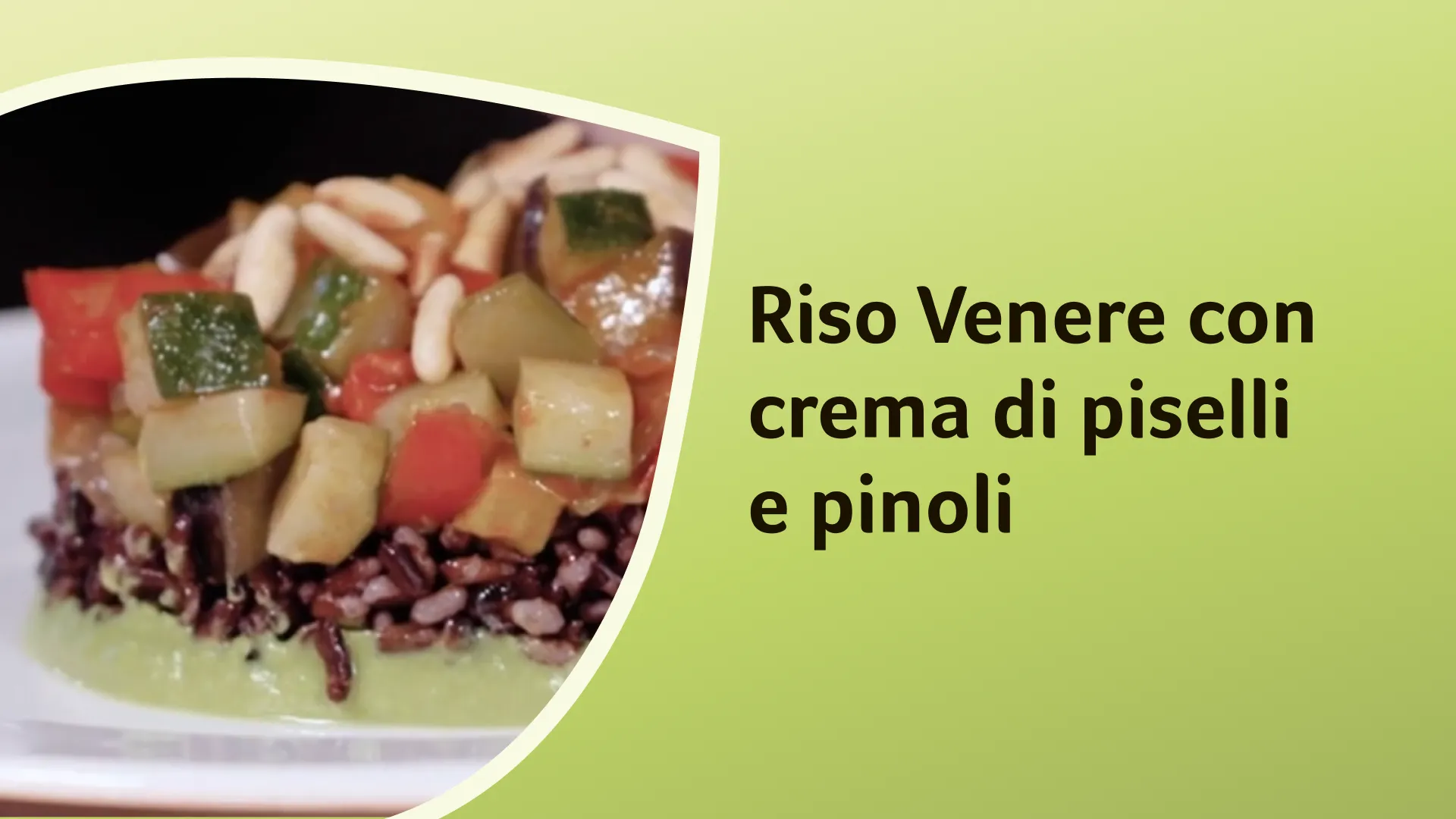 impiattamento di riso su un letto di crema di piselli e tetto di verdure