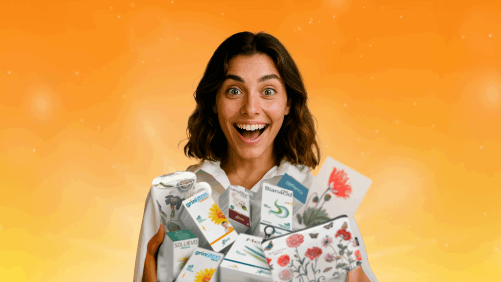 Donna sorridente che tiene tra le mani prodotti e integratori Aboca